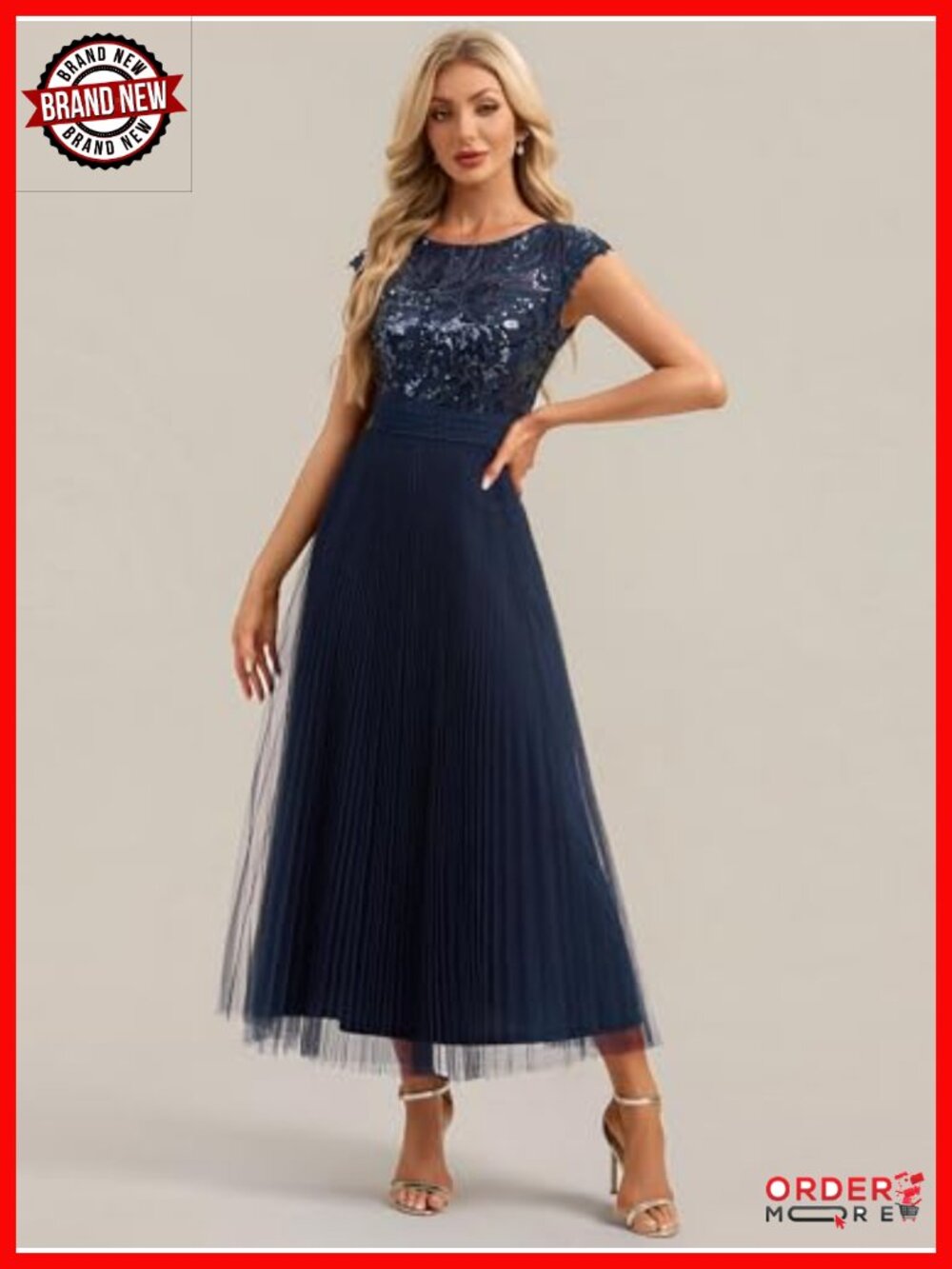 Sequin Round Neck Cap Sleeve Midi A-Line Formal Wedding Guest Dress - Picture 3 of 4